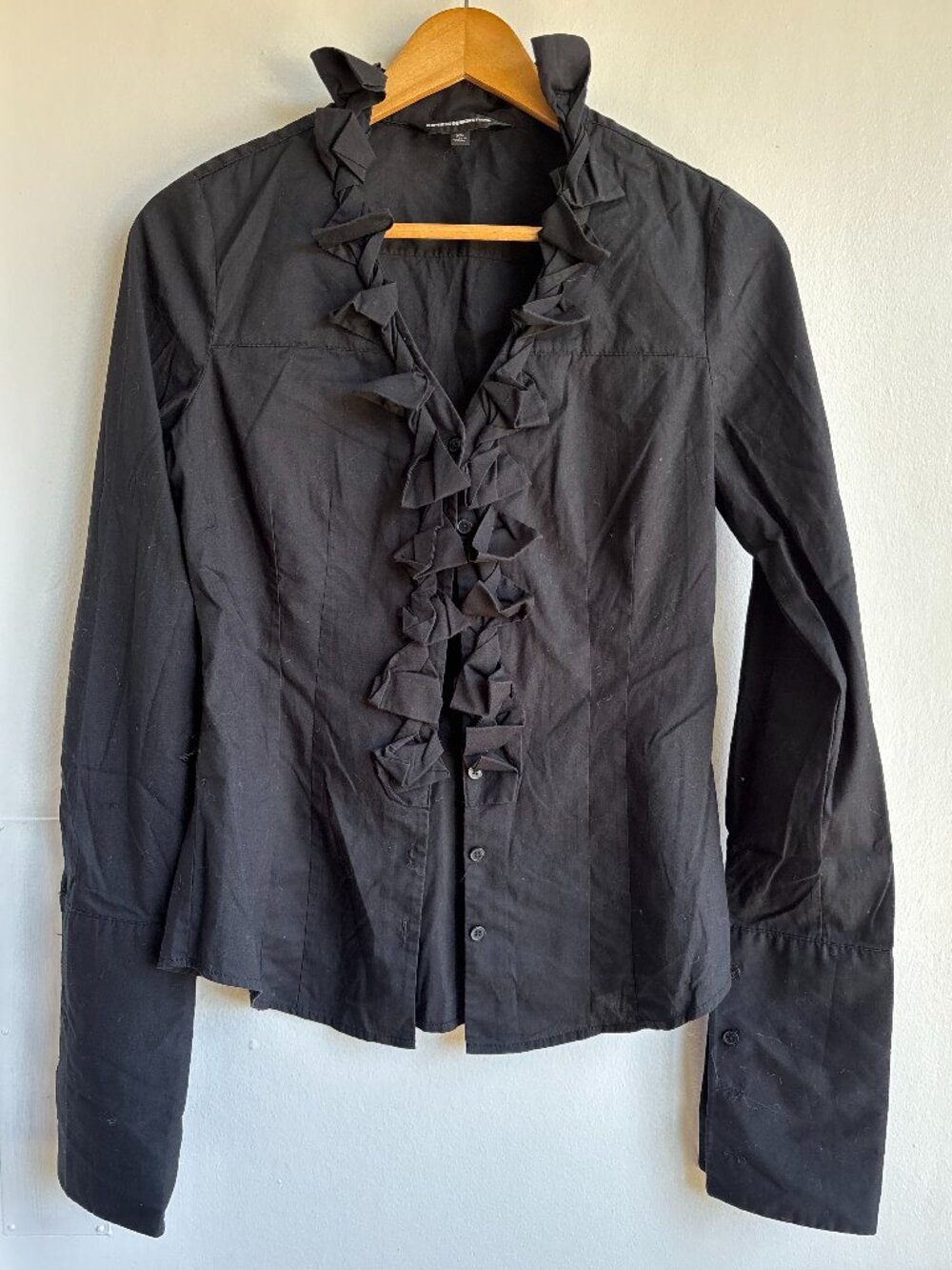 Express Design Studio Black Ruffle Front Button Blouse Size XS